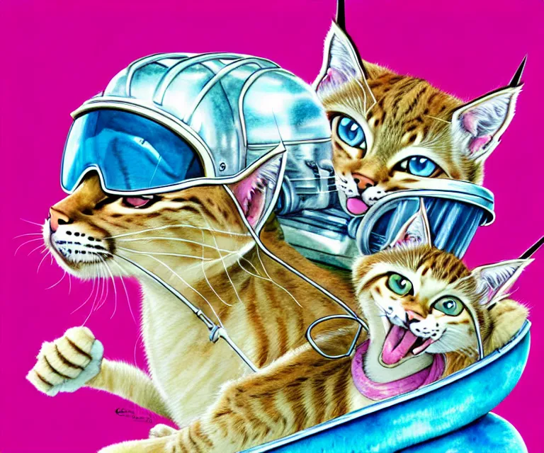 Prompt: cute and funny, lynx point siamese wearing a helmet riding in a hot rod with an oversize engine, ratfink style by ed roth, centered award winning watercolor pen illustration, isometric illustration by chihiro iwasaki, edited by range murata, tiny details by artgerm and watercolor girl, symmetrically isometrically centered, sharply focused