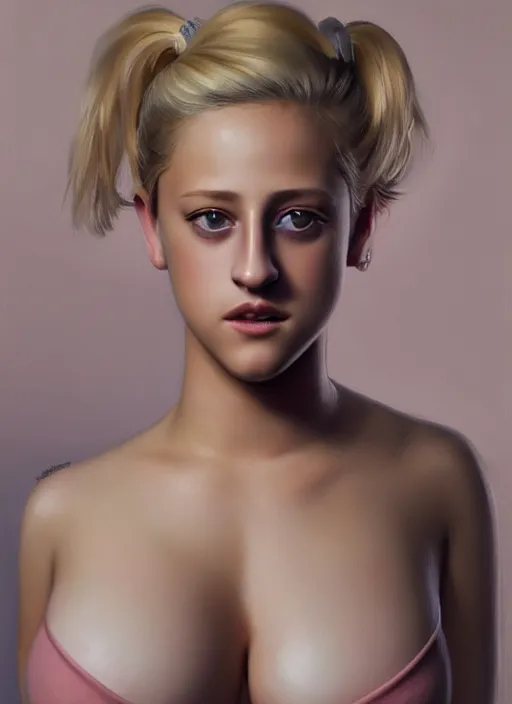 Image similar to full body portrait, teenage lili reinhart, blonde hair, obese, bangs, ponytail, sultry, realistic, sultry smirk, fluffy bangs, curly bangs, fat, belly, intricate, elegant, highly detailed, digital painting, artstation, concept art, smooth, sharp focus, illustration, art by wlop, mars ravelo and greg rutkowski