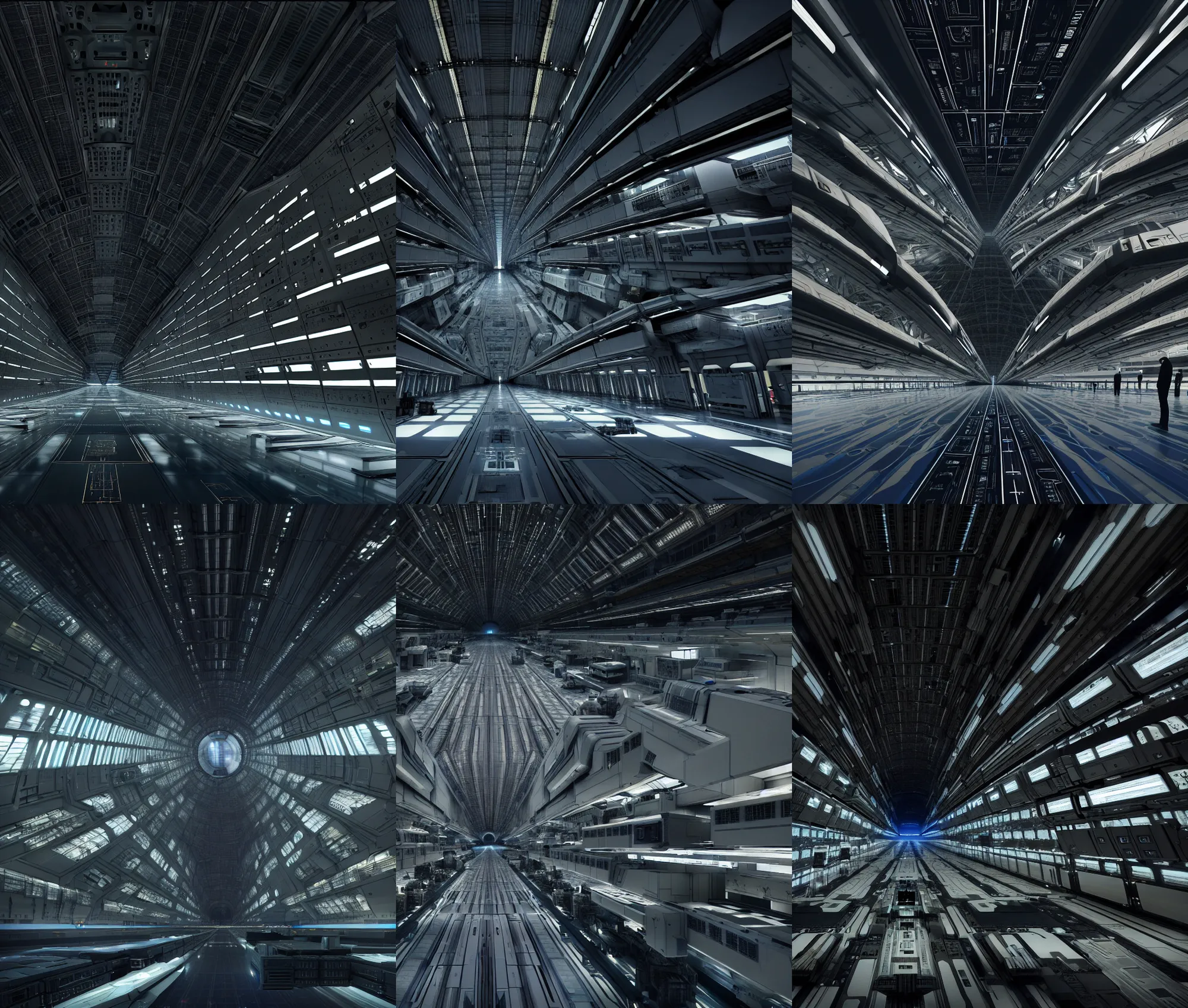 Prompt: denis villeneuve very wide cinematic scifi shot inside the combination of airport hanger and cern interior, epic scale, cathedral ceiling, many computer servers lining walls, rows and stacks of computer servers, view of space, mass effect, star citizen, flourescent spot lights, maximalism, detailed artstation scifi concept art, fine details, unreal engine, detailed textures