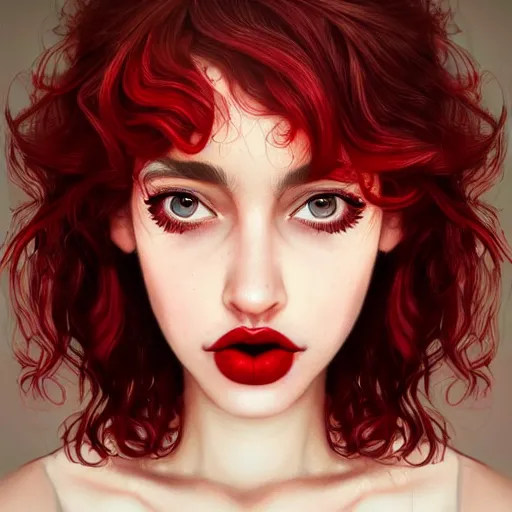 Prompt: a realistic illustration portrait of a beautiful cute girl with curly black and red hair, a pointy nose and, round chin black eyeliner, trending on artstation, hyper - realistic lighting, intricate