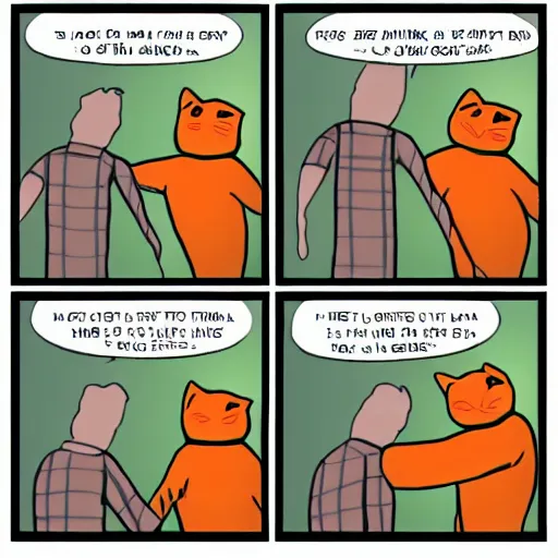 Prompt: A 3 panel comic strip featuring a human male and a striped orange cat