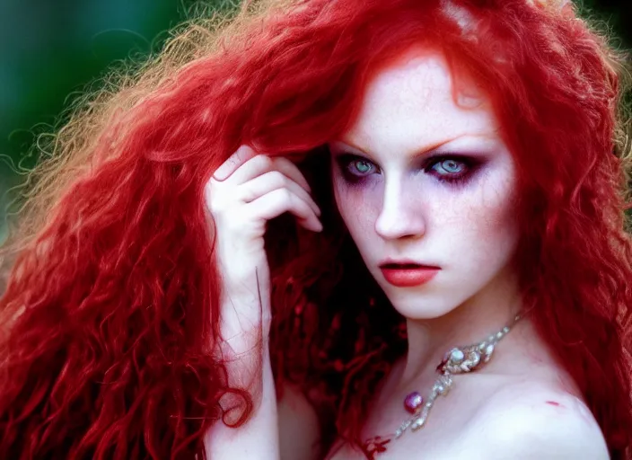 Image similar to award winning 5 5 mm close up face portrait photo of an anesthetic redhead with blood - red wavy hair and intricate eyes that look like gems, in a park by luis royo