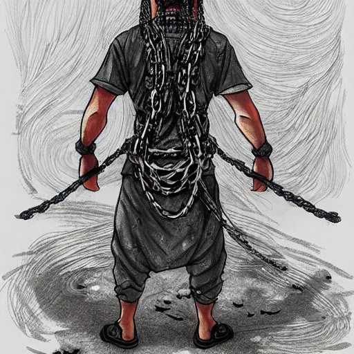 Prompt: A FULL BODY PORTRAIT FROM BEHIND OF TAKEZO VAGABOND ,THE MAN KEEPS A KUSARIGAMA AND IT IS WRAPPED IN CHAINS ,detailed, concept art, ink style , sketch