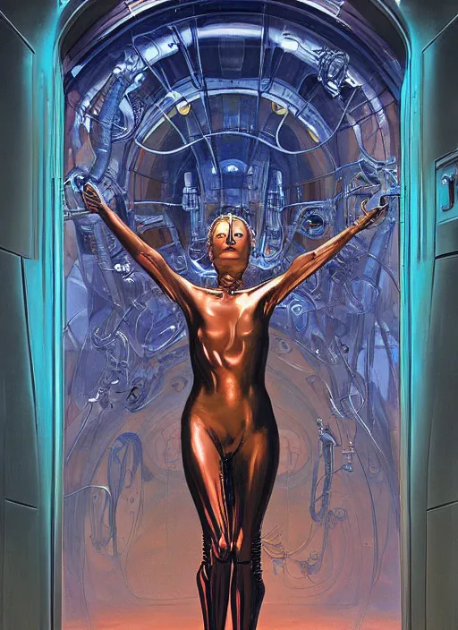 Image similar to Robotic beautiful oracle woman posing in front of a science facility painted by Hajime Sorayama and Alberto Vargas, moebius, giger, mucha , tarot, dramatic lighting