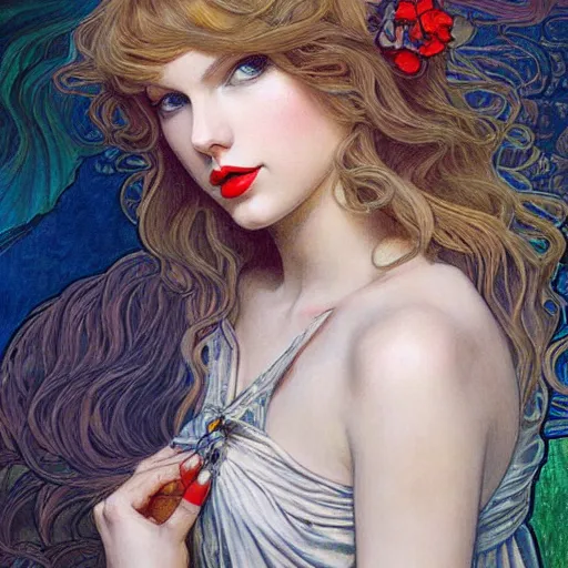 Image similar to romantic painted portrait of taylor swift by james jean, mucha, masterpiece