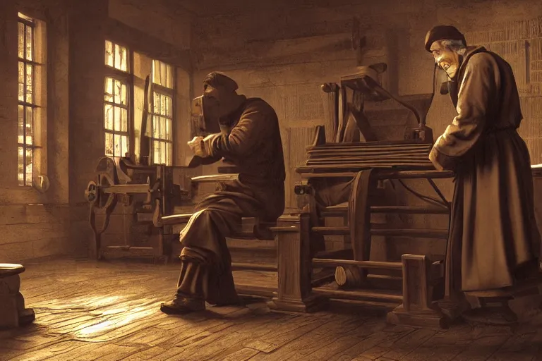 Prompt: still photo of johannes gutenberg inventing the printing press, highly detailed, photorealistic shot, bright studio setting, studio lighting, crisp quality and light reflections, unreal engine 5 quality render