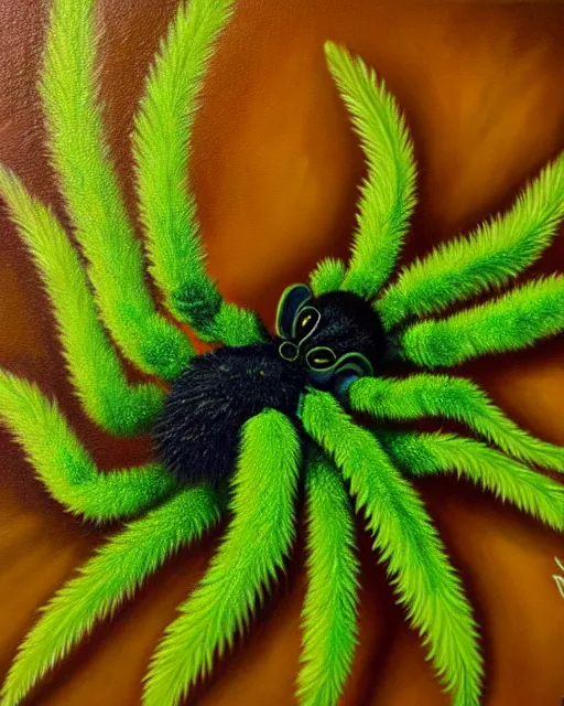 Prompt: Realistic Oil Painting of Cute green animated fuzzy tarantula made out of marijuana leaves thc strain