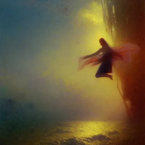 Image similar to a woman swimming underwater by Ivan Aivazovsky and Odilon Redon, skin flaking off like burnt paper, different colored multicolored eyes, long flowing hair underwater, imagination cosmic dream, dreamy, 8k bokeh, award winning , trending on artstation,