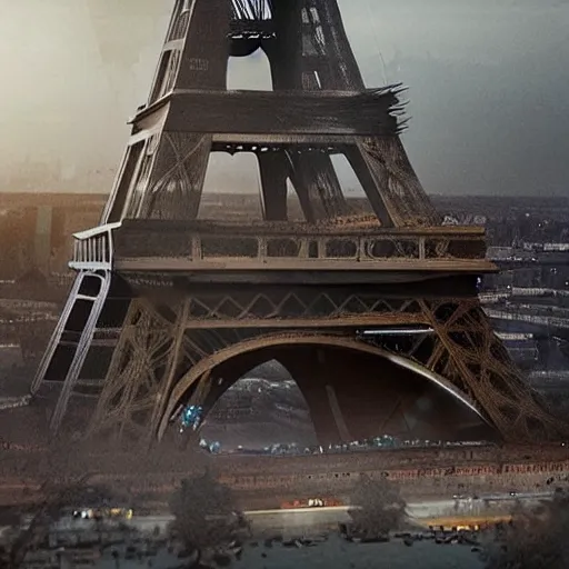 Image similar to A beautiful intricate 8K award-winning cinematic movie photograph of the future Eiffel Tower, destroyed and decaying, hidden by billboards. in the year 2043, by Bruno Delbonnel and greg rutkowski. Arri Alexa 65, IMAX 70mm footage