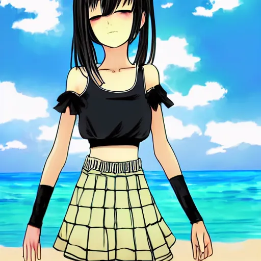 Prompt: beautiful anime manga girl wearing croptop and skirt happy face. she is at the beach. trending on artsystion. drawn by eiichiro oda. in the style of david firth's salad fingers.