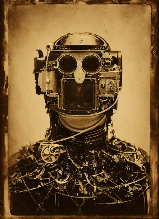 Image similar to old wetplate daguerreotype portrait of futuristic robot, dubbel negative exposure, explosion of data fragments, shallow dept of field, fractal, intricate, elegant, highly detailed, parallax, leica, medium format, subsurface scattering, by jheronimus bosch and greg rutkowski and louis jacques mande daguerre