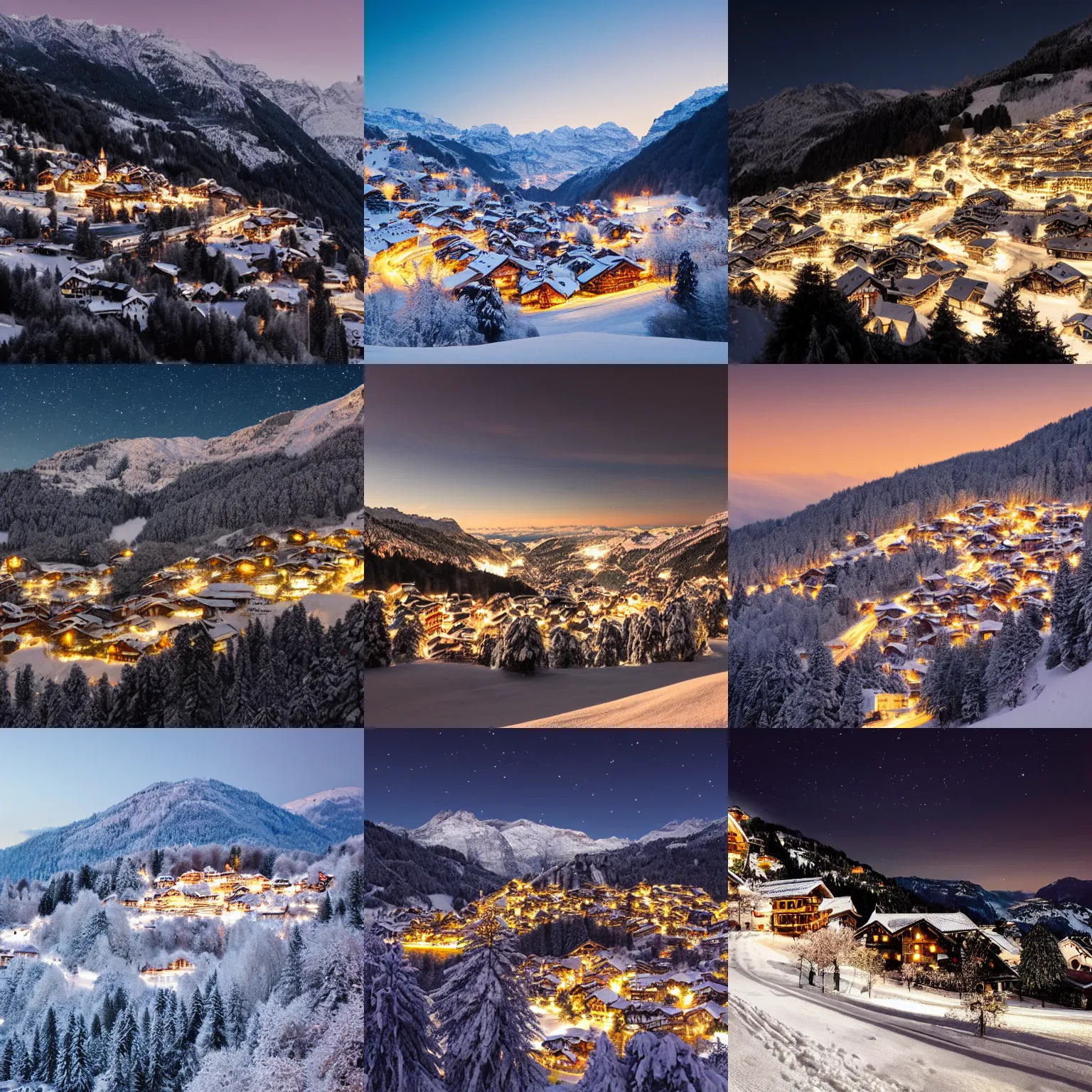 Prompt: photo of a swiss village in winter night on a mountain shape like a christmas tree