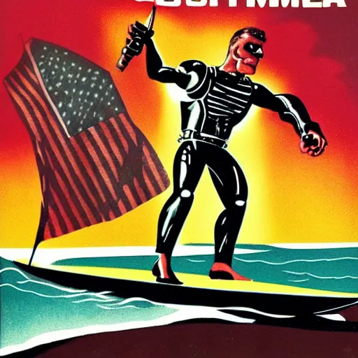 Prompt: the terminator surfing usa 1 9 5 0 s color illustration