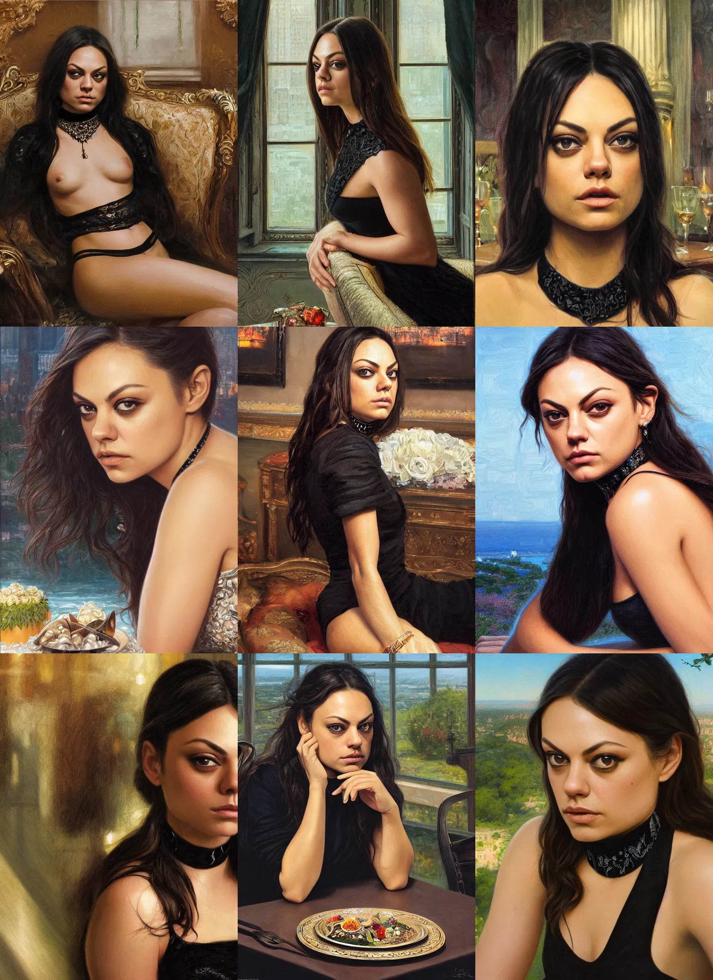 Image similar to mila kunis sitting across the camera wearing a black choker staring into the camera, point of view, expensive restaurant, intricate, elegance, highly detailed, shallow depth of field, artgerm, donato giancola, joseph christian leyendecker