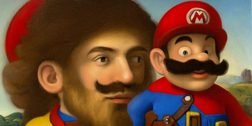 Image similar to oil painting portrait of Super Mario by Leonardo da Vinci