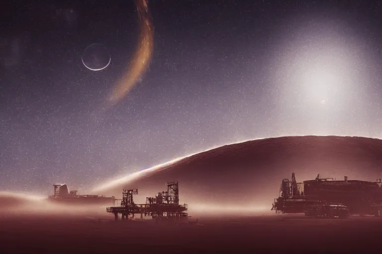 Image similar to landscape photography alien dust planet with sandstorm and oil rigs with multiple moons in the starry space skyline. men working seem small. sense of scale. huge futuristic grungy industrial buildings