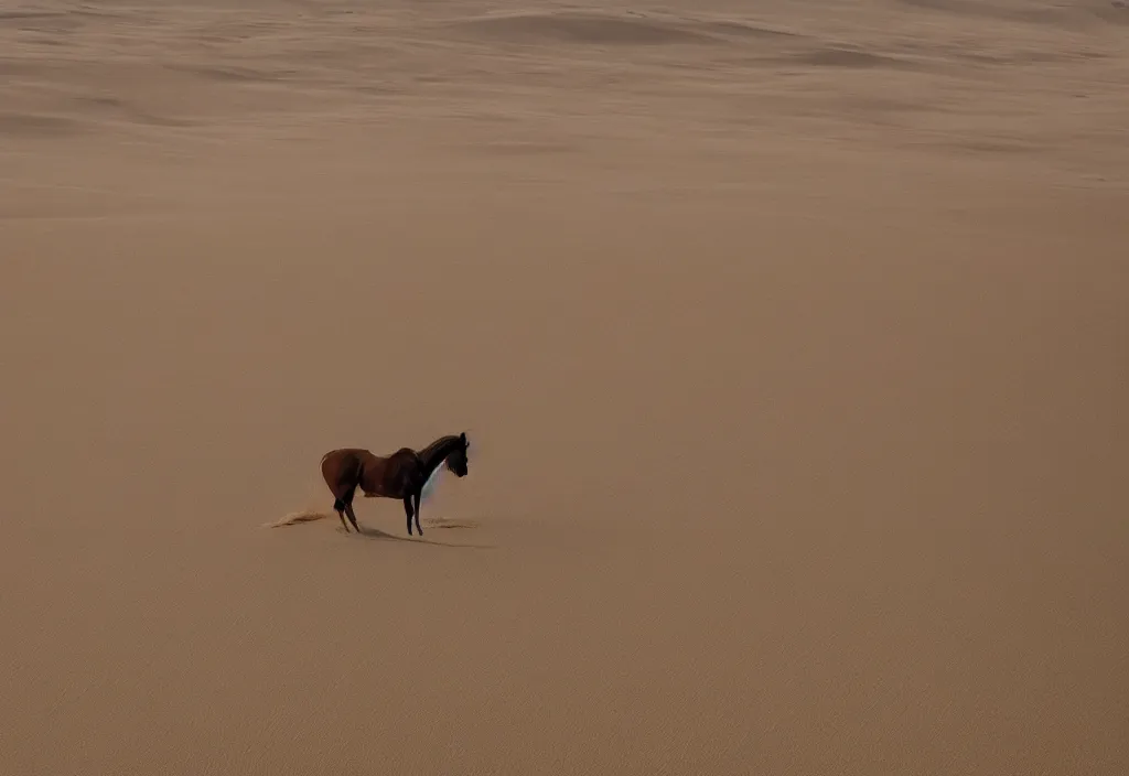 Prompt: a carcass horse walking across sand dunes