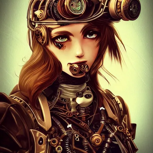 Prompt: beautiful half human half steampunk cyborg portrait, steampunk, extremely detailed, lush, gears, pretty, cinematic lighting, epic, intense, long hair, brown eyes, cool, anime,