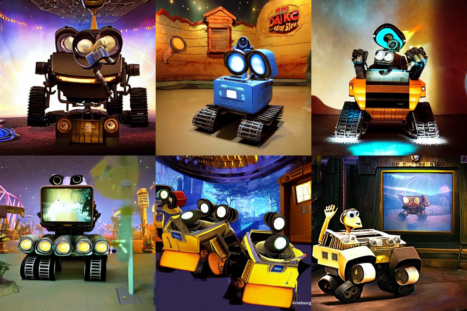 Prompt: theme park dark ride for Wall-E, interior photo, theme park blog