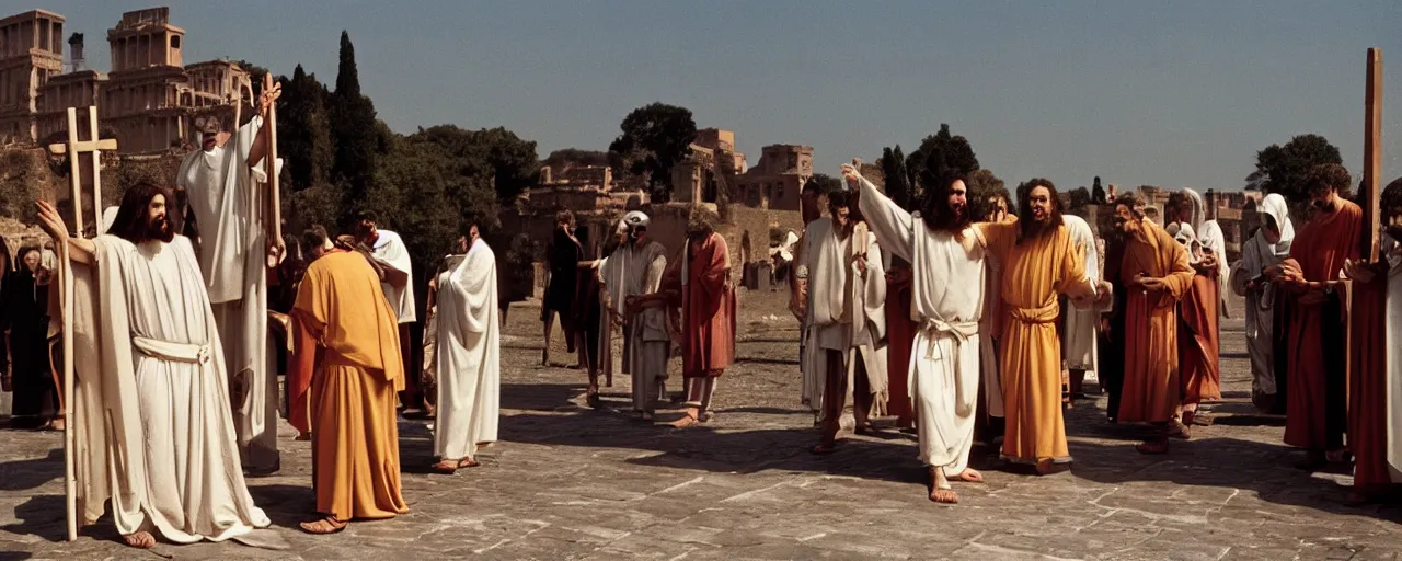 Prompt: jesus being taken to the cross wearing a spaghetti robe, ancient rome, architectural, minimal, canon 5 0 mm, wes anderson film, kodachrome, retro