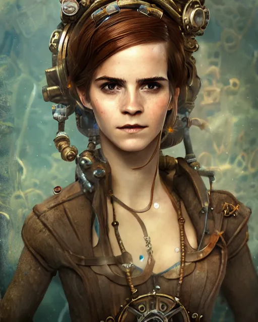 Image similar to underwater steampunk pirate portrait of emma watson, au naturel, hyper detailed, digital art, trending in artstation, cinematic lighting, studio quality, smooth render, unreal engine 5 rendered, octane rendered, art style by klimt and nixeu and ian sprigger and wlop and krenz cushart.