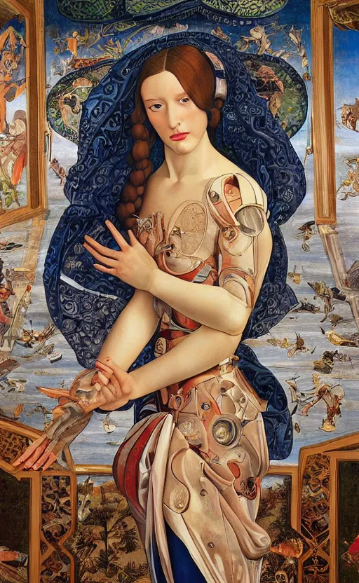 Prompt: beautifully painted mural of a stunning young cyborg muse in ornate linen fabric, transparent linen, space opera, beautiful ornaments, highly detailed, glowing eyes, sci fi setting, vogue cover poses, fashion magazine, mural in the style of sandro botticelli, caravaggio, albrecth durer