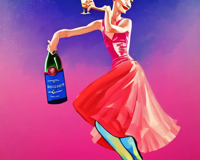 Image similar to audrey hepburn as a cancan dancer besides a big bottle of champagne in art deco style, hyper realistic, artstation, illustration, digital paint, matte paint, vivid colors, bright, cheerful, detailed and intricate environment