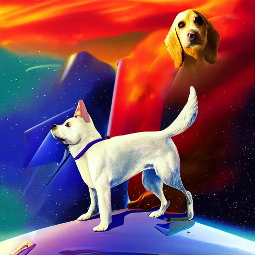 Image similar to 5 dogs wearing capes in space, digital art, cinematic