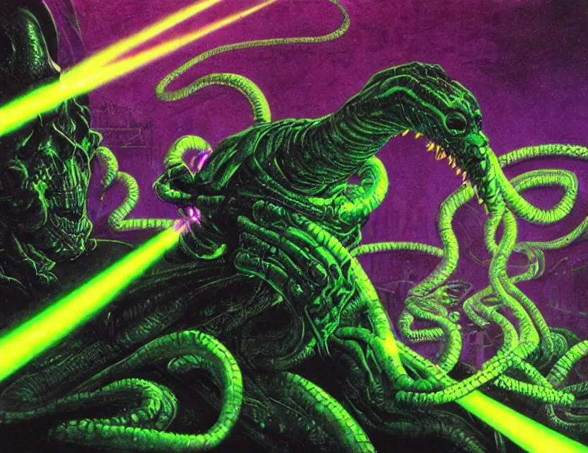 Prompt: a close - up view portrait of a silhouetted supernatural laser snake in brutalist halls with metallic alien technology. close - up view, detailed textures. glowing green purple fog, dark black background. poison skull face, highly detailed fantasy science fiction painting by moebius, norman rockwell, frank frazetta, and syd mead. rich colors, high contrast