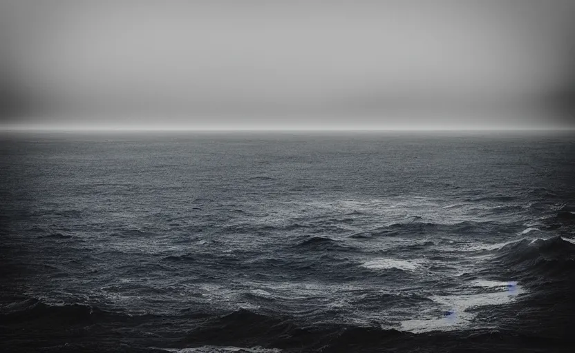 Prompt: “Foggy, dark blue Atlantic Ocean, menacing, lonely expanse”