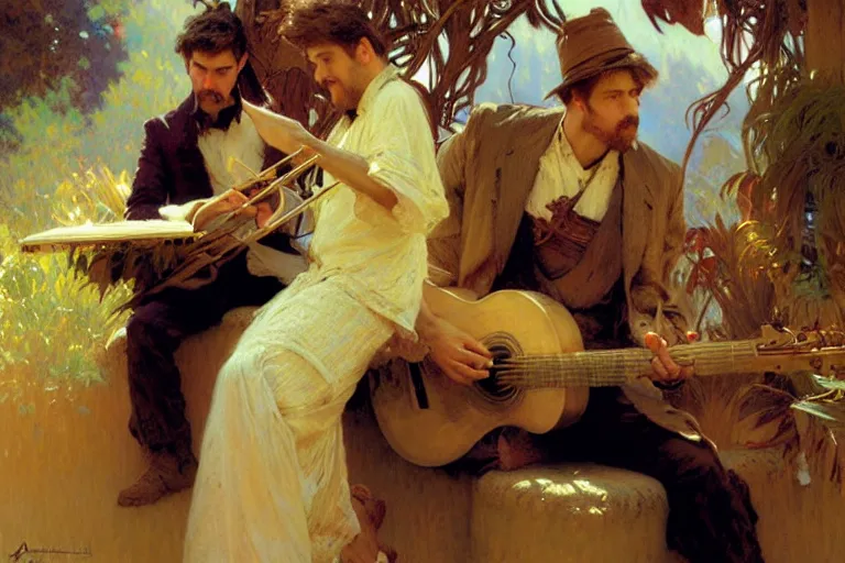 Image similar to 2 attractive men playing music, painting by gaston bussiere, craig mullins, greg rutkowski, alphonse mucha