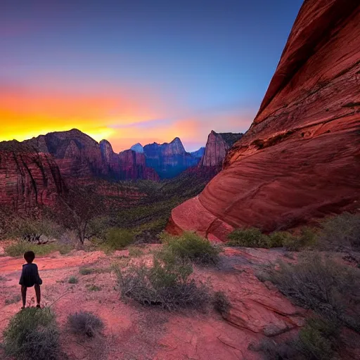 Image similar to award winning cinematic still of a young boy praying in zion national park, rock formations, colorful sunset, epic, cinematic lighting, dramatic angle, heartwarming drama directed by Steven Spielberg