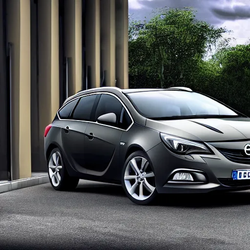Prompt: photo of a dark grey 2012 opel astra sports tourer parked on a street corner, photorealistic, detailed, 4k