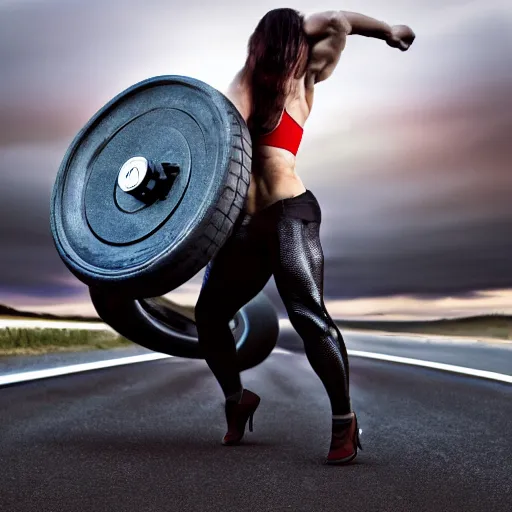 Prompt: car, bodybuilder, woman, photo, digital art, hands, underbody, throw, tire, standing, road