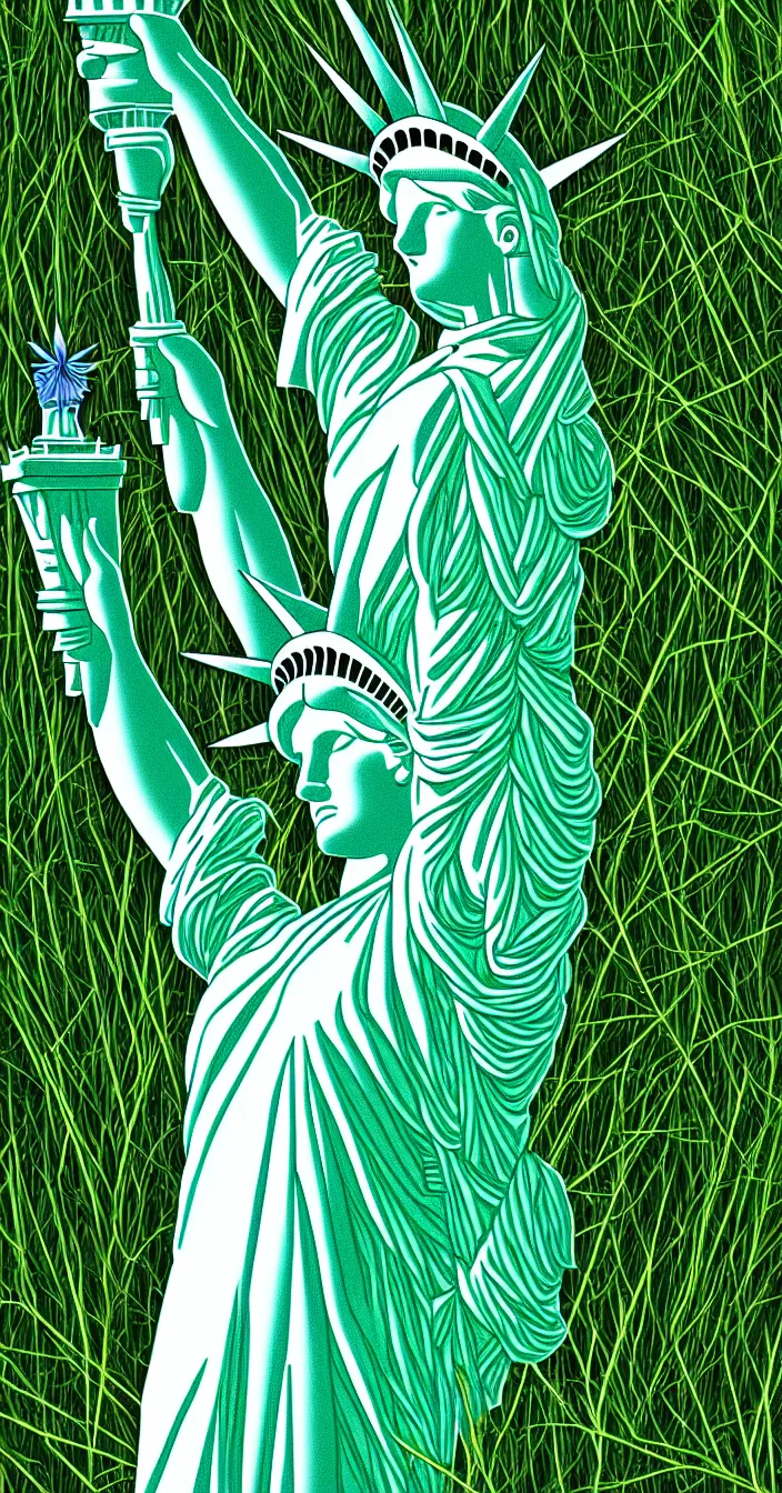 Prompt: the statue of liberty lies in the grass and rests, digital art