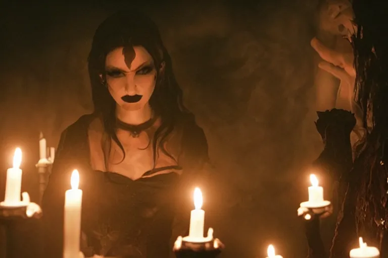 Image similar to VFX movie of ascending goth woman in the decadent attic, demonic magic ritual, candles, glowing eyes, natural lighting at night by Emmanuel Lubezki