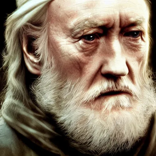 Prompt: a close up portrait of Richard Harris as Dumbledore, focused gaze, art station, highly detailed, concept art