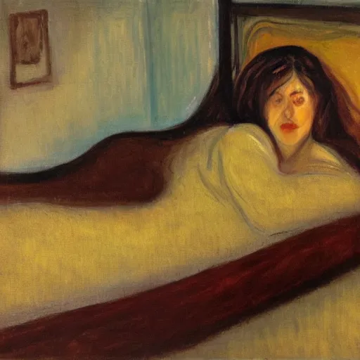 Image similar to lady with brown hair taking up too much space in bed in, oil painting in the style of edvard munch