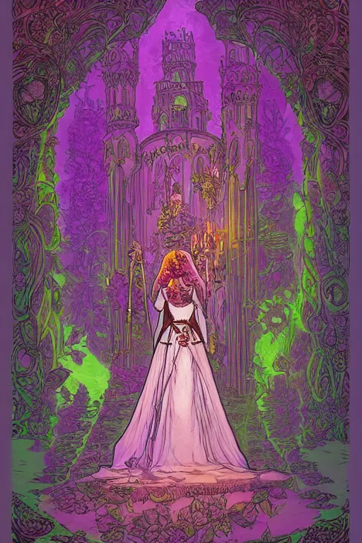 Image similar to Psychedelic black light style, nostalgia of a fairytale, elegant fairytale tower covered in roses, full body portrait of medieval princess, cottagecore, Exquisite, dramatic lighting, by Marc Simonetti, Mike Mignola