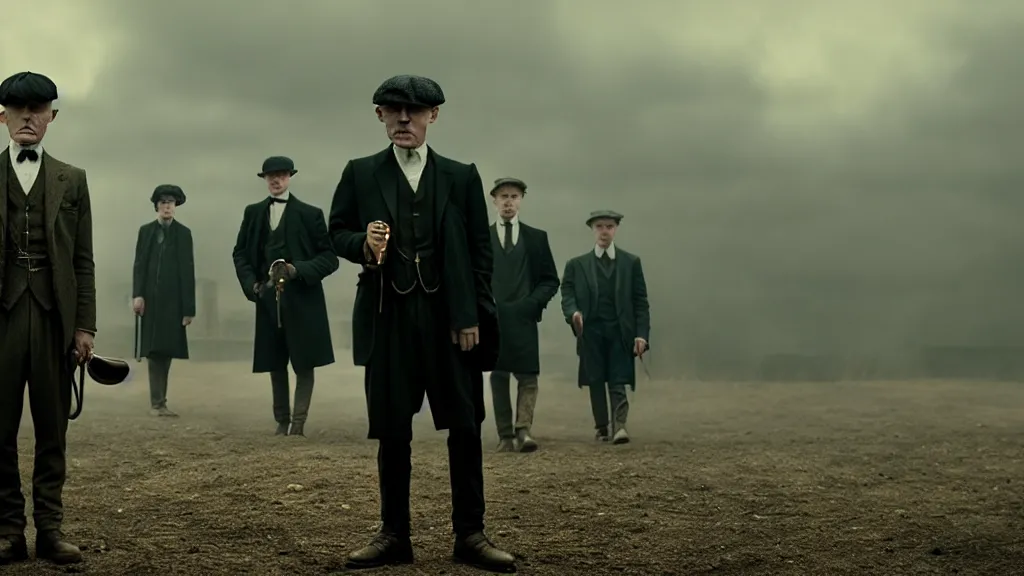 Image similar to the peaky blinders with peanuts heads, film still from the movie directed by denis villeneuve with art direction by zdzis