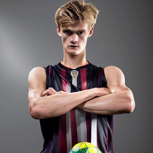 Image similar to a realistic detailed photo of a guy who is an attractive humanoid who is half robot and half humanoid, who is a male android, soccer player martin ødegaard, shiny skin, posing like a statue, blank stare, in a living room, on display, showing off his muscles