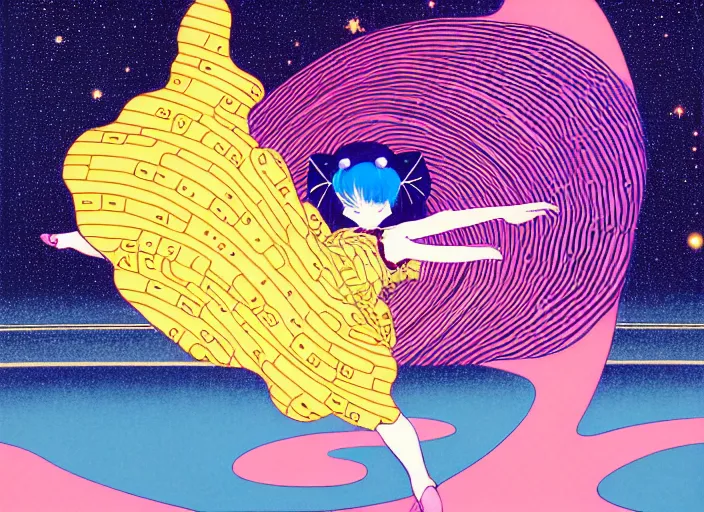 Image similar to portrait of a young girl dancing in space,Hiroyuki Imaishi,Studio Trigger,jean giraud,gustav klimt, kawaii, manga, bright colors,beautiful, 28mm lens,gradation, jean giraud, moebius, fantasy, rule of thirds fibonacci, intricate, matte print, smooth, Ilya Kuvshinov, Kyoto Animation, Murata Range