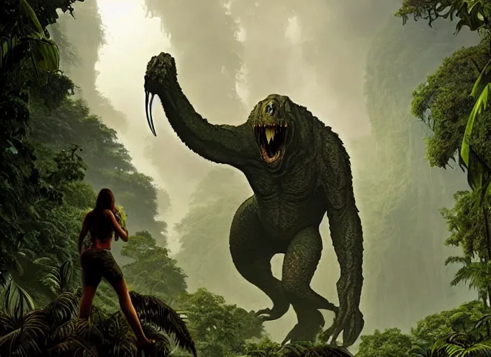 Prompt: giant monstrous aggressive scaled creature screaming at the camera, in the background a jungle, epic science fiction horror digital matte painting by Moebius and Mark Brooks (and Greg Rutkowski), extremely detailed, artstation