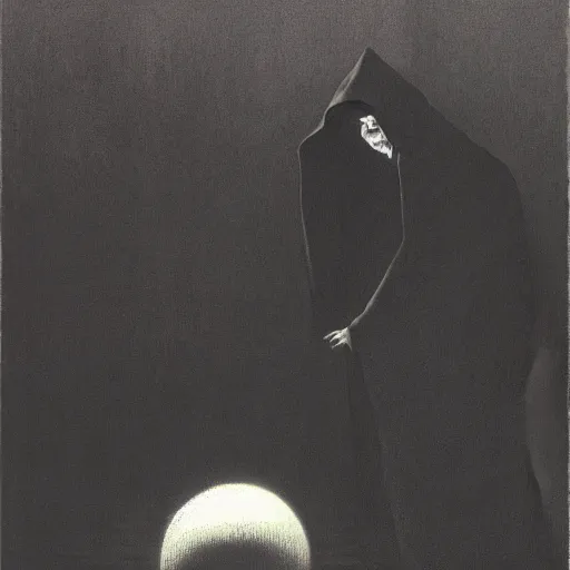 Prompt: the face of a wicked sorcerer in a black cloak. the eyes of the sorcerer are 8 - ball billards. in the syle of zdzisław beksinski, steven belledin, studio ghibli, greg rutkowski, and gustave dore