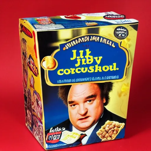 Image similar to jim belushi cereal box for little lardos