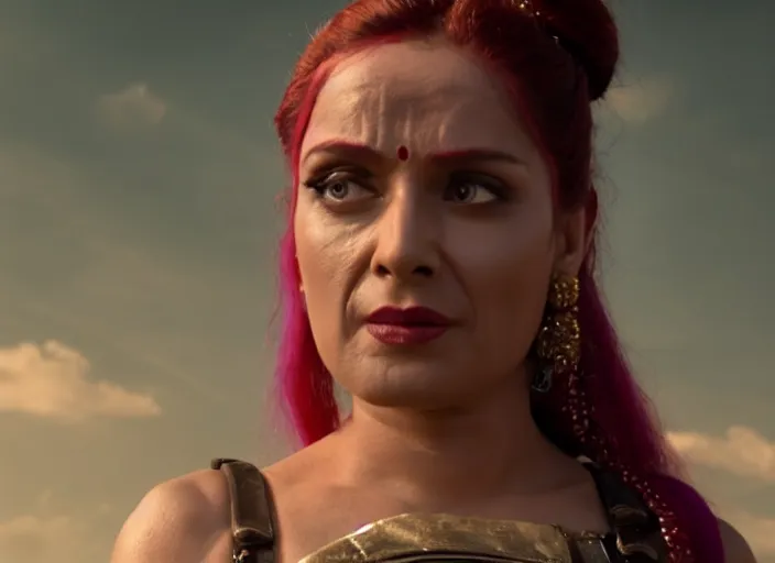 Image similar to film still of real life leela with ponytail in the new scifi movie, 4 k