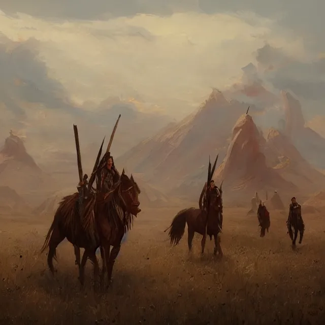 Image similar to a painting of native americans in the plains by greg rutkowski, dark fantasy art, high detail, trending on artstation