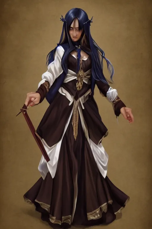 Prompt: Pretty 40 years old Master Illusionist lady, dark brown skin, dark brown hair, straight hair, Dark blue and White robes, multiple floating swords, waifu, epic fantasy, love interest, artstation, trending in deviantart, artstationHD, by Da Vinci artstationHQ, detailed, HD, 8K