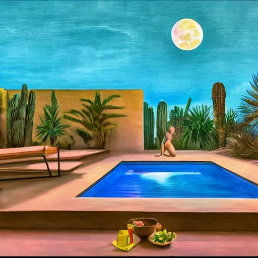 Prompt: full moon over a pool in a courtyard in the desert, people lounging, painting in the style of Max Ernst, incredible, 4k