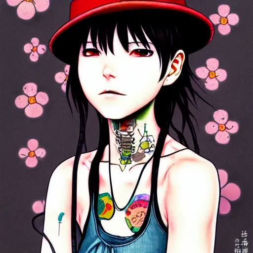 Image similar to full view of girl from serial experiments lain, with tattoos, wearing cowboy hat, style of yoshii chie and hikari shimoda and martine johanna, highly detailed